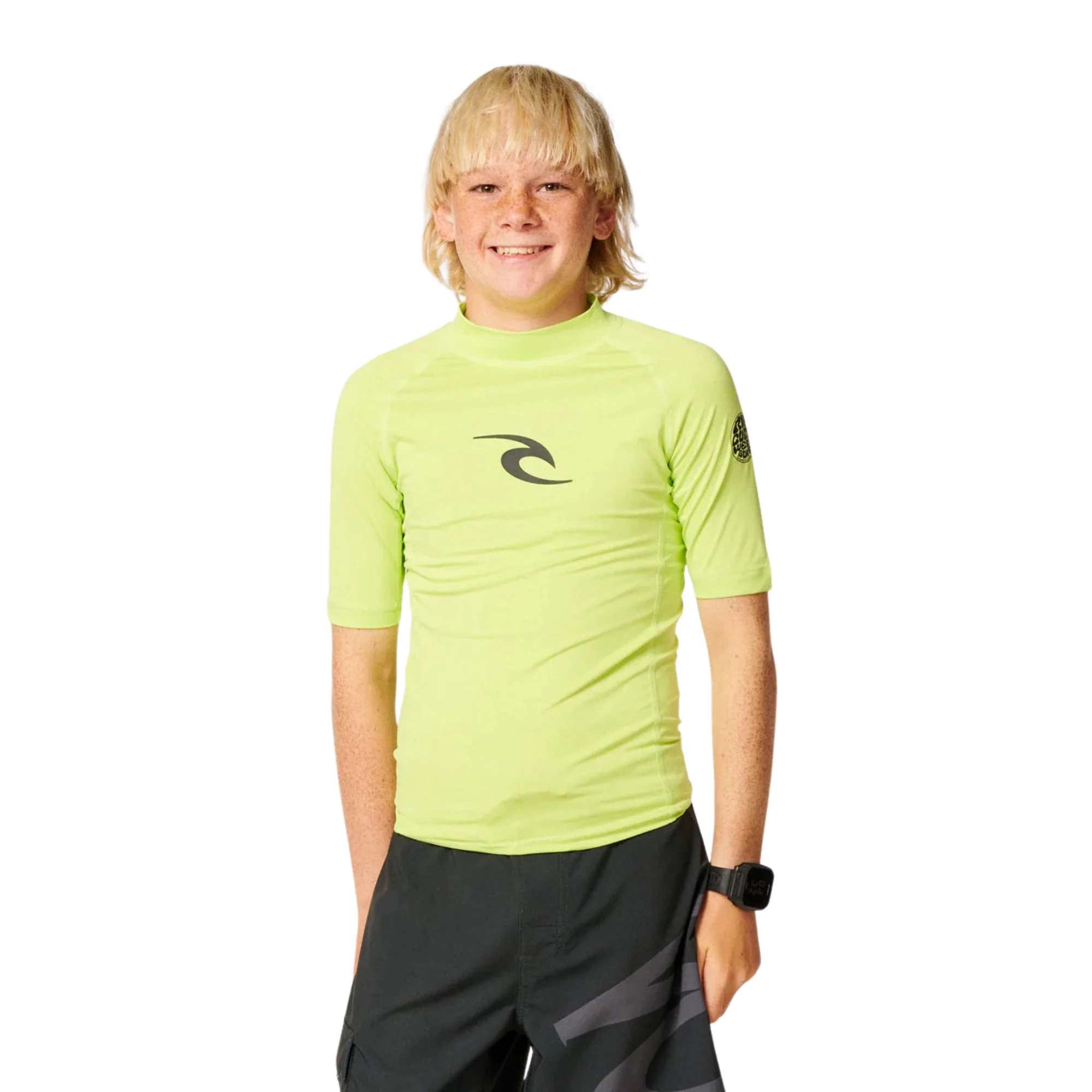 Rip Curl Junior Waves UPF50 Short Sleeve Rash Vest (Lime)(Sizes UK8-16)