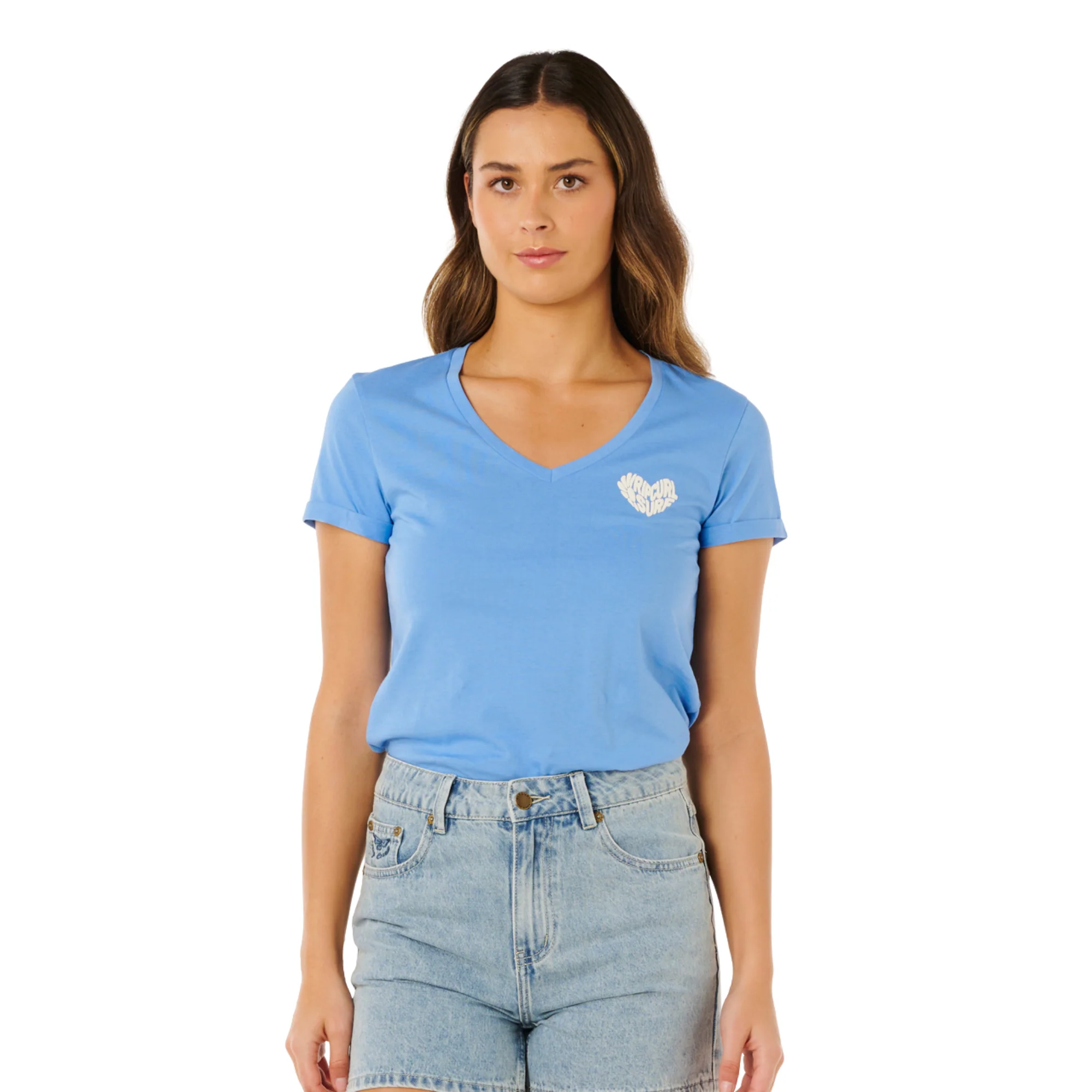 Rip Curl Women's Heart V Neck Short Sleeve Tee (Cornflower Blue) - Image 3