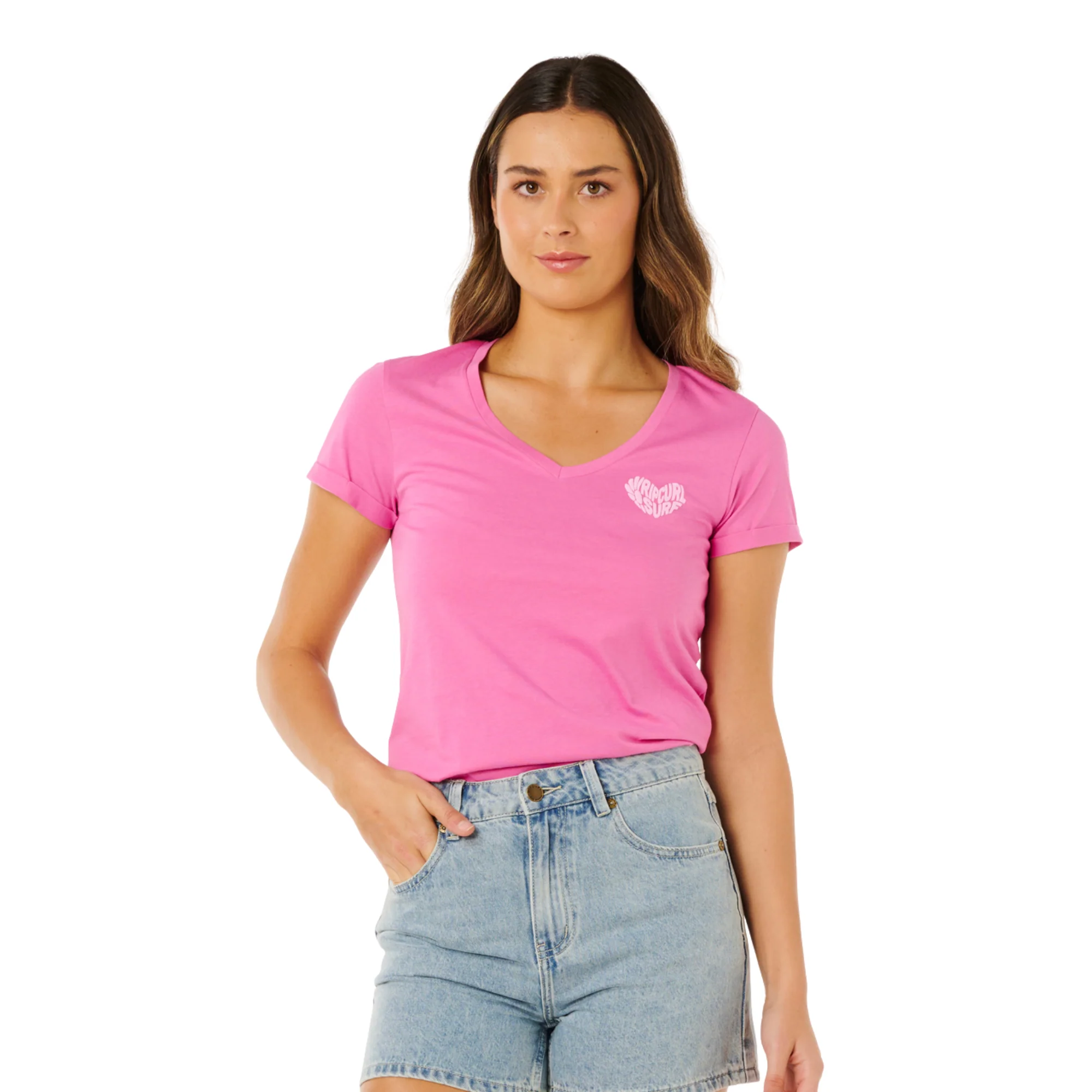 Rip Curl Women's Heart V Neck Short Sleeve Tee (Super Pink) - Image 4